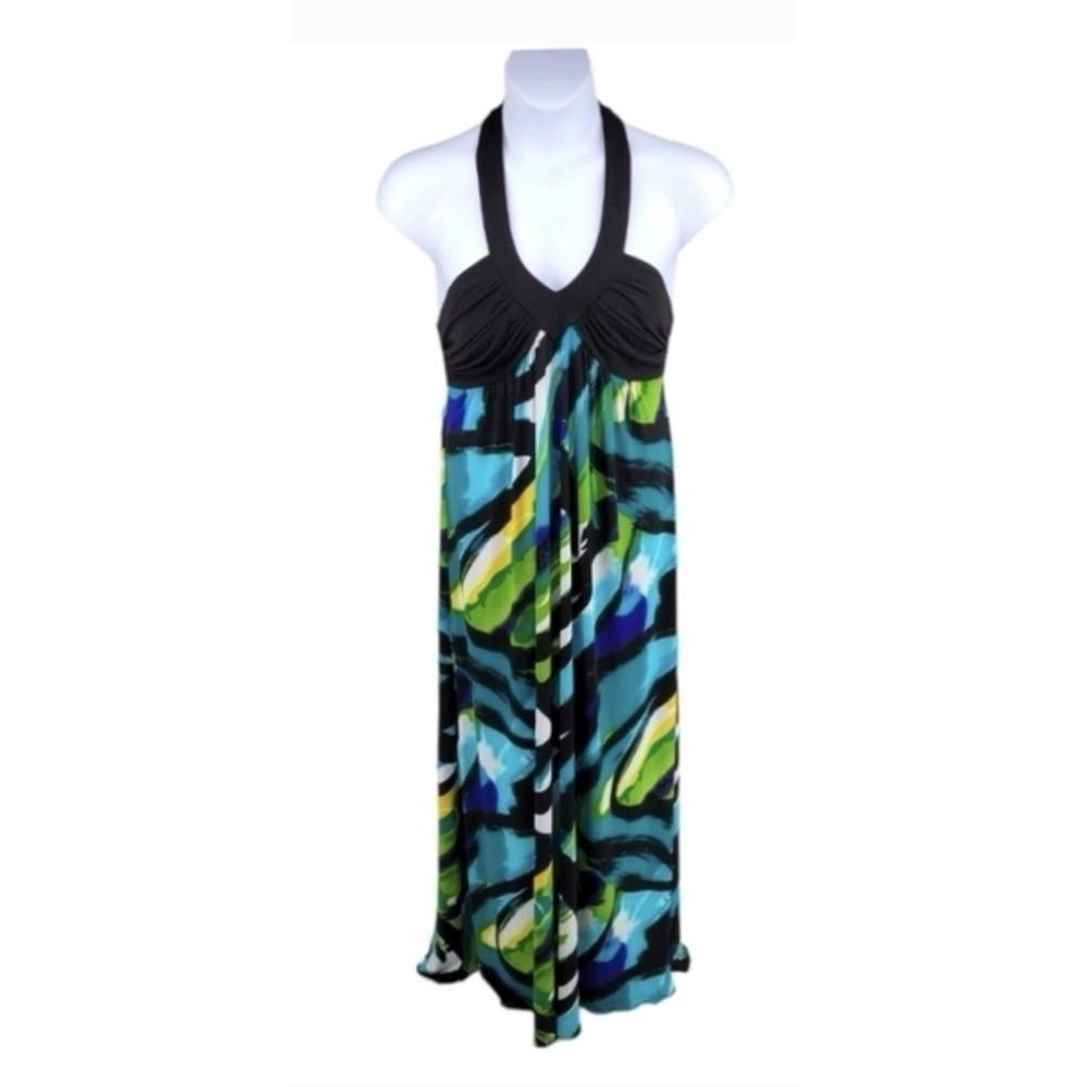 iz Byer California Women's Black /multi Color Halter Open Back Dress MIDI Size L